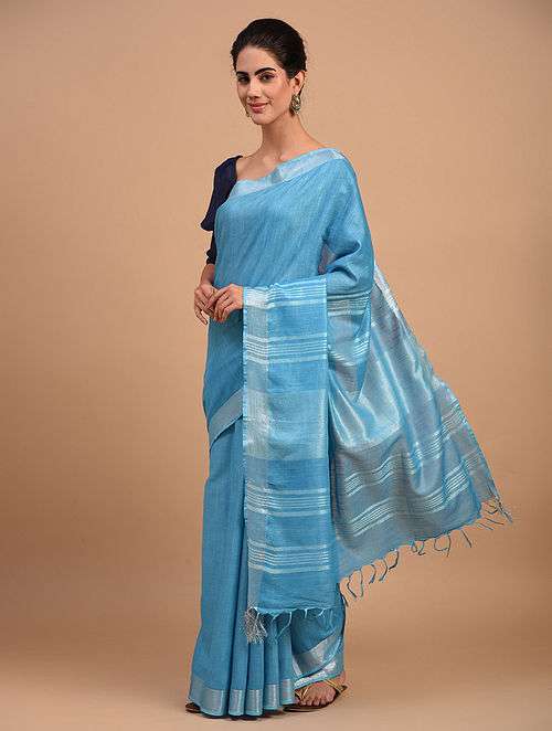 Blue Handloom Linen Cotton Saree